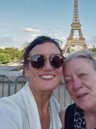Raelinn and Mom in Paris with Eiffel Tower in background