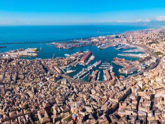 aerial view of Genoa and harbor